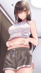 Rule 34 | 1girl, bare shoulders, belly grab, black hair, blush, breasts, clothes lift, commentary, highres, large breasts, long hair, navel, onineko-chan, original, shirt lift, shorts, solo, stomach, sweat, tank top, weight conscious, yellow eyes