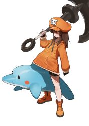 Rule 34 | 1girl, absurdres, anchor, bare legs, bike shorts, black gloves, blush stickers, brown eyes, brown hair, cabbie hat, dolphin, fingerless gloves, flasso, gloves, guilty gear, guilty gear strive, hair between eyes, hat, heart, heart tattoo, highres, holding, holding weapon, jacket, leg tattoo, long hair, may (guilty gear), mr. dolphin (guilty gear), open mouth, orange footwear, orange hat, orange jacket, shaded face, shorts, skull and crossbones, solo, tattoo, weapon, white background