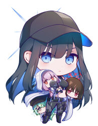 Rule 34 | 4girls, arius squad (blue archive), atsuko (blue archive), baseball cap, black hair, black headwear, black pants, black shirt, blue archive, blue eyes, blue hair, breasts, carrying, carrying person, chibi, chibi only, closed mouth, coat, colored inner hair, green hair, hair over one eye, halo, hat, highres, hiyori (blue archive), hood, hood up, hooded coat, long hair, looking at viewer, medium breasts, midriff, misaki (blue archive), multicolored hair, multiple girls, pants, peeking out, purple hair, red eyes, saori (blue archive), shirt, simple background, standing, uko magi, white background, white coat