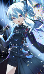 Rule 34 | 1girl, :d, belt buckle, black gloves, black ribbon, black shirt, black shorts, blue eyes, blue hair, blush, breasts, buckle, commentary request, ear piercing, gloves, hair between eyes, hair ribbon, high ponytail, highres, holding, holding microphone, hololive, hoshimachi suisei, hoshimachi suisei (shout in crisis), long hair, long sleeves, looking at viewer, microphone, open mouth, piercing, ponytail, puffy long sleeves, puffy sleeves, ribbon, shadowsinking, shirt, short shorts, shorts, sidelocks, small breasts, smile, solo, star (symbol), star in eye, symbol in eye, virtual youtuber