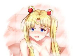 Rule 34 | 1girl, absurdres, bad id, bad pixiv id, bishoujo senshi sailor moon, blonde hair, blue eyes, blush, breasts, circlet, cleavage, collarbone, crescent, crescent earrings, derivative work, dongyue sakura, double bun, earrings, hair bun, hair intakes, heart, highres, jewelry, long hair, medium breasts, meme, nude, open mouth, sailor moon, sailor moon redraw challenge (meme), saliva, saliva trail, solo, twintails, upper body, very long hair, wavy mouth, white background