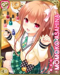 Rule 34 | 1girl, :d, asahina momoko, badge, bag, black thighhighs, bow, brown hair, button badge, card (medium), character name, closed mouth, cup, day, girlfriend (kari), hair bow, hair ribbon, indoors, looking at viewer, nail polish bottle, necktie, official art, one side up, open mouth, plaid, plaid skirt, polka dot, polka dot bow, qp:flapper, red eyes, ribbon, school uniform, side ponytail, sitting, skirt, smile, solo, sweater, thighhighs