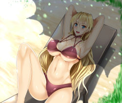 Rule 34 | 1girl, absurdres, arms behind head, bare shoulders, bikini, blonde hair, blue eyes, blush, chair, claire harvey, earrings, highres, hundred (light novel), jewelry, k kung, long hair, looking at viewer, lying, on back, open mouth, shade, solo, swimsuit