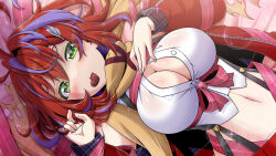 Rule 34 | 1girl, akane canna, akane canna (1st costume), antenna hair, blurry, blush, bokeh, breasts, button gap, candy, chocolate, chocolate heart, cleavage, commentary request, depth of field, food, food in mouth, green eyes, hair intakes, heart, heart-shaped pupils, jacket, jacket partially removed, large breasts, looking at viewer, midriff, miso panda, multicolored hair, nanashi inc., navel, open mouth, purple hair, red hair, red jacket, red skirt, scarf, shirt, short hair, sideways, skirt, sleeveless, sleeveless shirt, solo, sparkle, streaked hair, suspender skirt, suspenders, symbol-shaped pupils, two-tone hair, underbust, upper body, valentine, virtual youtuber, white shirt, wing hair ornament, yellow scarf