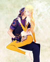 Rule 34 | 1990s (style), 1boy, 1girl, ass, bandeau, barefoot, blonde hair, blush, breasts, celes chere, earrings, closed eyes, final fantasy, final fantasy vi, headband, hetero, huge breasts, jacket, jewelry, kiss, locke cole, long hair, mii (aad378), necking, pants, sitting, sitting on lap, sitting on person, tight clothes, tight pants