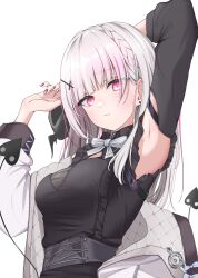 Rule 34 | 1girl, absurdres, alternate breast size, arm behind head, armpits, asumi sena, black shirt, bow, bowtie, breasts, corset, demon tail, detached sleeves, frilled shirt, frills, grey bow, grey bowtie, grey hair, hair ornament, hairpin, hairu 821, highres, jacket, long hair, looking at viewer, medium breasts, multicolored hair, nail, pink hair, shirt, simple background, solo, streaked hair, tail, underbust, virtual youtuber, vspo!, white background