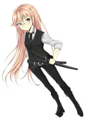 Rule 34 | 1girl, androgynous, blonde hair, female focus, formal, frown, full body, glasses, hand on own hip, hip focus, long hair, necktie, original, pink hair, red eyes, reverse trap, shiro shougun, shirt, shoes, simple background, skirt, solo, split mouth, standing, suit, sword, weapon, white background