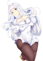 Rule 34 | 1girl, absurdres, ahoge, azur lane, belfast (azur lane), black pantyhose, blue eyes, blush, breasts, cleavage, elbow gloves, gloves, hairband, highres, huaimeng, large breasts, long hair, looking at viewer, pantyhose, parted lips, sandals, skirt, solo, white gloves, white hair, white skirt