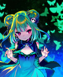 Rule 34 | 1girl, animal print, bare shoulders, brooch, butterfly print, detached collar, detached sleeves, double bun, dress, earrings, frilled dress, frills, green hair, hair bun, hair ornament, hair ribbon, highres, hololive, hololive fantasy, jewelry, necromancer, onono imoko, red eyes, ribbon, short dress, short hair, sidelocks, skull earrings, skull hair ornament, smile, solo, strapless, strapless dress, uruha rushia, uruha rushia (1st costume), virtual youtuber, wide sleeves