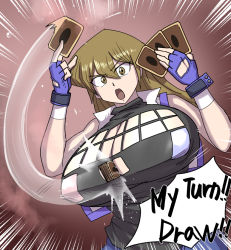Rule 34 | 1girl, adapted costume, alternate breast size, blonde hair, blue skirt, breasts, card, cleavage, cleavage cutout, closed mouth, clothing cutout, cowboy shot, duel academy uniform (yu-gi-oh! gx), emphasis lines, english text, fingerless gloves, floating hair, gloves, hair between eyes, hotsaurus, huge breasts, jacket, long hair, looking at viewer, obelisk blue uniform, open mouth, playing card, playing games, playmate, shiny clothes, skirt, sleeveless, sleeveless jacket, solo, standing, tenjouin asuka, turtleneck, very long hair, white background, white jacket, wide hips, yellow eyes, yu-gi-oh!, yu-gi-oh! arc-v, yu-gi-oh! gx