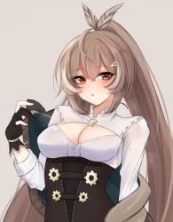 Rule 34 | 1girl, aura (aurapls), breasts, brown background, brown eyes, brown hair, cleavage, cleavage cutout, unworn cloak, clothing cutout, corset, feather hair ornament, feathers, gloves, hair ornament, hairclip, highres, hololive, hololive english, long sleeves, medium breasts, nanashi mumei, partially fingerless gloves, simple background, solo, steaming body, sweat, upper body, virtual youtuber