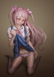 Rule 34 | 1girl, blue eyes, blush, clothes lift, face, highres, kneeling, lips, long hair, navel, one eye closed, original, panties, panty pull, pi (pppppchang), pink hair, pink panties, school uniform, simple background, skirt, skirt lift, solo, tears, thighhighs, twintails, underwear, wince, wink
