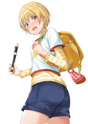 Rule 34 | 1girl, @ @, amagasa ikuta, backpack, bag, blonde hair, blue shorts, blush, buckle, cowboy shot, crime prevention buzzer, embarrassed, flute, from behind, from below, hair between eyes, highres, holding, holding flute, holding instrument, holding strap, idolmaster, idolmaster shiny colors, instrument, layered sleeves, long sleeves, looking at viewer, looking back, looking down, nose blush, open mouth, pocket, polka dot, pouch, purple eyes, randoseru, recorder, saijo juri, shirt, short hair, short over long sleeves, short sleeves, shorts, simple background, solo, standing, striped clothes, striped shirt, sweat, t-shirt, tearing up, wavy mouth, white background, white shirt, yellow shirt