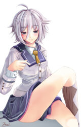 Rule 34 | 1girl, black skirt, blush, brown socks, closed mouth, collared shirt, commentary request, feet out of frame, grey eyes, grey hair, hand up, itomi sayaka, kneehighs, long sleeves, necktie, shirt, signature, simple background, skirt, smile, socks, solo, toji no miko, white background, white shirt, yellow necktie, yumibakama meme