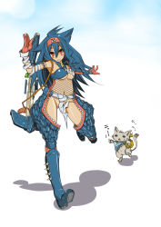 Rule 34 | 1girl, animal, armor, bad id, bad pixiv id, bare shoulders, blue hair, blush, boots, breasts, capcom, censored, cleavage, convenient censoring, felyne, fishnets, gloves, gun, headband, highres, long hair, medium breasts, monster hunter (series), nacl, nargacuga (armor), navel, no panties, panties, red eyes, shokuen shiwe, smile, striped clothes, striped panties, underboob, underwear, weapon
