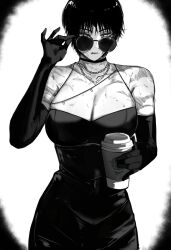 Rule 34 | 1girl, absurdres, black dress, black gloves, burn scar, cup, dress, drink, elbow gloves, glasses, gloves, greyscale, highres, holding, holding cup, holding drink, jewelry, jujutsu kaisen, masoq, monochrome, necklace, scar, scar on arm, scar on back, scar on face, short hair, solo, starbucks, too many, too many scars, zen&#039;in maki