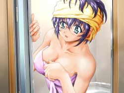 Rule 34 | 1girl, aqua hair, breasts, cleavage, covered erect nipples, game cg, glasses, large breasts, mogudan, naked towel, natsuiro no apron, open mouth, purple hair, short hair, showering, solo, suizu takiko, towel, towel on head, water, wet