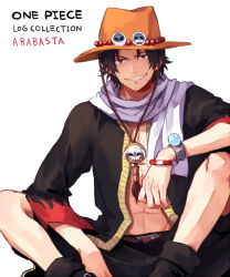 Rule 34 | 1boy, abs, black hair, compass, freckles, hat, male focus, one piece, portgas d. ace, safari hat, scarf, short hair, shorts, sitting, smile, solo, somemiya suzume, stampede string