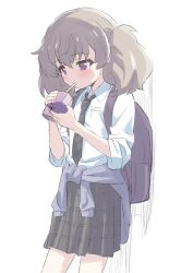 Rule 34 | 1girl, against wall, backpack, bad id, bad twitter id, bag, big hair, black necktie, black skirt, blush, cellphone, closed mouth, clothes around waist, drinking, drinking straw, drinking straw in mouth, expressionless, grey hair, highres, holding, holding phone, jacket, jacket around waist, long sleeves, looking at phone, miniskirt, necktie, phone, plaid, plaid skirt, pleated skirt, purple eyes, school uniform, shirt, sincos, skirt, slow loop, smartphone, solo, twintails, white background, white shirt, yoshinaga koi