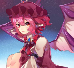 Rule 34 | 1girl, animal ears, arm garter, bird wings, bow, hat, highres, knees to chest, long sleeves, looking at viewer, mob cap, mystia lorelei, pink bow, pink hair, puffy long sleeves, puffy sleeves, purple vest, red eyes, renka (sutegoma25), shirt, short hair, sky, solo, star (sky), starry sky, touhou, white shirt, wings