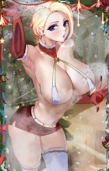 Rule 34 | 1girl, absurdres, arm up, armpits, bare shoulders, bell, blonde hair, blue eyes, blush, breasts, christmas, cleavage, condensation, ear piercing, elbow gloves, gloves, highres, large breasts, looking at viewer, loooyd, miniskirt, navel, original, parted lips, piercing, red gloves, red skirt, short hair, sideboob, skirt, solo, thighhighs, thighs, white thighhighs