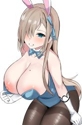 Rule 34 | 1girl, absurdres, animal ears, asuna (blue archive), asuna (bunny) (blue archive), blue archive, blue eyes, blush, bow, bowtie, breasts, cleavage, collarbone, detached collar, enishi96, fake animal ears, gloves, hair over one eye, highres, leotard, long hair, looking at viewer, mole, mole on breast, nipples, one breast out, pantyhose, playboy bunny, rabbit ears, simple background, smile, solo, teeth, traditional bowtie, white background, white gloves