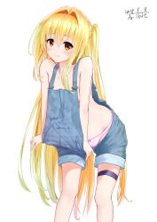 Rule 34 | 1girl, blonde hair, breasts, collarbone, hair intakes, highres, konjiki no yami, leaning forward, long hair, nearly naked overalls, no bra, overalls, overalls pull, panties, pink panties, pulled by self, red eyes, shorts, simple background, small breasts, solo, thigh strap, to love-ru, traveler (artbbt), two side up, underwear, very long hair, white background