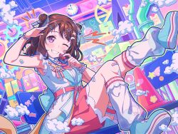 Rule 34 | 1girl, analog clock, bandaid, bandaid on face, bandaid on leg, bang dream!, belt, bracelet, bridal garter, brown hair, clock, double bun, factory, flask, gears, grin, hair bun, hair ornament, hair ribbon, hairclip, halftone, holding, holding whistle, jewelry, knees up, leg up, looking at viewer, loose socks, official art, one eye closed, petticoat, pleated skirt, purple eyes, ribbon, round-bottom flask, salute, see-through, see-through legwear, shoes, sitting, skirt, smile, sneakers, socks, solo, sticker, sticky note, third-party source, toyama kasumi, traffic cone, vest, whistle, whistle around neck