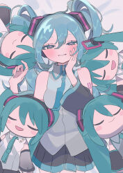 Rule 34 | 1girl, absurdres, bare shoulders, blue hair, blue nails, blush, character doll, commentary, cowboy shot, detached sleeves, grey eyes, grey shirt, hakudaku, hand on own cheek, hand on own face, hatsune miku, hatsune miku (nt), hatsune miku (vocaloid3), hatsune miku (vocaloid4), highres, long hair, looking at viewer, lying, miku day, necktie, on back, parted lips, piapro, pleated skirt, shirt, skirt, sleeveless, sleeveless shirt, smile, solo, symbol-only commentary, twintails, very long hair, vocaloid