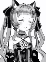 Rule 34 | 1girl, :&gt;, = =, animal ears, bad id, bad pixiv id, bare shoulders, blunt bangs, blush, cat ears, detached sleeves, dress, earrings, facing viewer, flat chest, frilled ribbon, frills, gothic lolita, greyscale, hair ribbon, halterneck, highres, hololive, jewelry, lolita fashion, long hair, monochrome, murasaki shion, murasaki shion (gothic lolita), nanashi (nlo), ribbon, simple background, smile, solo, triangle earrings, twintails, upper body, virtual youtuber, white background