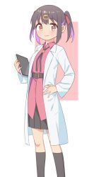 Rule 34 | 1girl, belt, black skirt, black socks, bolo tie, brown eyes, coat, feet out of frame, hair ornament, hair ribbon, hairclip, hand on own hip, highres, kneehighs, lab coat, looking at viewer, medium hair, multicolored hair, onii-chan wa oshimai!, open clothes, open coat, oyama mihari, pleated skirt, purple hair, red ribbon, red shirt, ribbon, saiste, shirt, simple background, skirt, smile, socks, solo, tablet pc, twintails, two-tone hair, untucked shirt, white background, wing collar