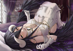 Rule 34 | 1girl, albedo (overlord), bad id, bad pixiv id, bare shoulders, black feathers, blush, breasts, cleavage, demon girl, feathered wings, feathers, highres, horns, large breasts, long hair, looking at viewer, open mouth, overlord (maruyama), ryuuneart, slit pupils, smile, solo, white horns, wings
