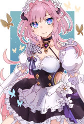 Rule 34 | 1girl, apron, black choker, black dress, blue background, blue eyes, border, breasts, bug, butterfly, choker, cleavage, closed mouth, clothing cutout, collarbone, dress, elbow gloves, elf, elysia (honkai impact), elysia (miss pink elf) (honkai impact), fake horns, gloves, honkai (series), honkai impact 3rd, horns, insect, long hair, looking at viewer, maid, maid apron, maid headdress, pink hair, pink pupils, pointy ears, puffy short sleeves, puffy sleeves, short sleeves, side cutout, smile, solo, thighs, ufo (23494318), very long hair, white apron, white border, white gloves