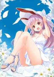 Rule 34 | 1girl, animal ears, bad id, bad pixiv id, bare arms, bare legs, bare shoulders, blush, breasts, cleavage, clothes between thighs, day, dress, feet, flower, hands on headwear, hat, legs, long hair, looking at viewer, open mouth, panties, pantyshot, pink hair, rabbit ears, red eyes, reisen udongein inaba, sandals, sitting, solo, striped clothes, striped panties, sun hat, sundress, takehana note, toes, touhou, underwear