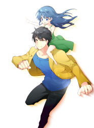 Rule 34 | 1boy, 1girl, :d, akasaka mamoru, bare arms, barefoot, black hair, black pants, blue eyes, blue hair, blue shirt, blush, brown eyes, carrying, child, closed mouth, collarbone, commentary request, dress, eyelashes, floating clothes, floating hair, foot out of frame, full body, furude rika, green dress, happy, highres, higurashi no naku koro ni, index finger raised, jacket, long hair, long sleeves, looking afar, looking at another, looking down, mature male, nose, open clothes, open jacket, open mouth, outstretched arm, pants, piggyback, pointing, pointing forward, running, shirt, short hair, simple background, sleeveless, sleeveless dress, smile, spiked hair, suzuragi karin, tareme, v-shaped eyebrows, white background, wind, wind lift, yellow jacket