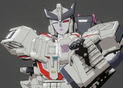 Rule 34 | 1girl, 3d, andypurro, blender (medium), blowing kiss, colored skin, decepticon, grey background, grey skin, helmet, humanoid robot, megaempress, one eye closed, red eyes, robot, robot girl, science fiction, simple background, solo, transformers