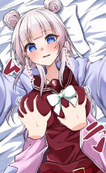 Rule 34 | 1girl, absurdres, assault lily, bed sheet, belt, belt buckle, blue eyes, blue jacket, blunt bangs, blurry, blurry foreground, blush, breasts, bright pupils, brown sailor collar, buckle, clothes pull, commentary request, disembodied limb, double bun, grabbing, grabbing another&#039;s breast, hair bun, highres, hood, hood down, hooded jacket, jacket, kanba girls high school uniform, large breasts, long hair, long sleeves, looking at viewer, lying, motion lines, multicolored clothes, multicolored jacket, on back, open clothes, open jacket, outstretched arms, parted lips, pillow, pink hair, pink jacket, reaching, reaching towards viewer, red belt, red shirt, red skirt, sailor collar, school uniform, serafuku, shirt, sidelocks, skirt, skirt pull, smile, solo focus, sweat, tanba akari, upper body, white pupils, ya-man
