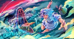Rule 34 | 2girls, :o, absurdres, anomalocaris, braid, brown footwear, brown hair, character request, colored sclera, eyewear on head, highres, huge filesize, izayoi sakuya, maid headdress, midair, monster, mosasaur, mosasaurus, multiple girls, open mouth, outdoors, prehistoric animal, short sleeves, teeth, tongue, tongue out, touhou, trilobite, twin braids, water, white hair, yellow sclera, yutarou