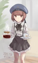 Rule 34 | 10s, 1girl, alternate costume, animal print, bear print, blouse, brown eyes, brown hair, buttons, center frills, character name, clothes writing, coffee, coffee cup, coz (commit), cup, dated, disposable cup, dress, frilled shirt, frilled skirt, frills, hat, kantai collection, long sleeves, open mouth, pitcher (container), plate, sailor hat, shirt, short hair, skirt, solo, suspender skirt, suspenders, twitter username, white shirt, z3 max schultz (kancolle)