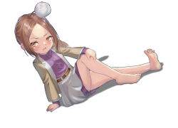 Rule 34 | 1girl, absurdres, barefoot, blush, brown hair, feet, hand on own knee, highres, long hair, looking at viewer, open mouth, shuiyue fengnan, soles, toes