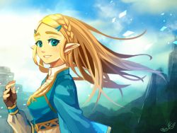 Rule 34 | 1girl, blonde hair, blue eyes, braid, breasts, colornix, fingerless gloves, forehead, french braid, from side, gloves, hair ornament, hairclip, looking at viewer, nintendo, parted bangs, pointy ears, princess zelda, sidelocks, small breasts, smile, solo, the legend of zelda, the legend of zelda: breath of the wild, thick eyebrows, wind, wind lift