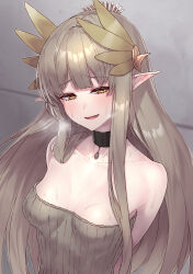 1girl absurdres arknights bare_shoulders black_choker breasts brown_hair choker cleavage collarbone elf grey_shirt hair_ornament highres long_hair looking_at_viewer medium_breasts mole mole_under_eye muelsyse_(arknights) off-shoulder_shirt off_shoulder open_mouth pointy_ears shirt sicsic49 solo sweat upper_body yellow_eyes