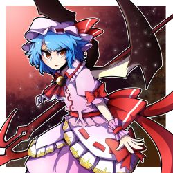 Rule 34 | 1girl, ascot, bat wings, blue hair, border, bow, hat, hat ribbon, highres, holding, holding weapon, hurin raika, looking at viewer, mob cap, open mouth, outside border, pink hat, pink shirt, red ascot, red bow, red eyes, red ribbon, remilia scarlet, ribbon, shirt, short hair, short sleeves, solo, spear the gungnir, touhou, v-shaped eyebrows, weapon, white border, wings, wrist cuffs