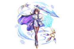 Rule 34 | armor, braid, braided ponytail, breastplate, breasts, brown eyes, brown hair, brunhilde (kami project), buttons, cape, dress, gloves, hip armor, holding, holding sword, holding weapon, ice, kamihime project, large breasts, legband, magic, official art, pantyhose, snowflakes, solo, sword, tight clothes, tight dress, transparent background, weapon, white cape, white dress