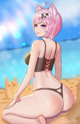 Rule 34 | animal ears, ass, beach, cat ears, cat girl, fang, hair ornament, highres, looking back, nyatasha nyanners, open mouth, pink eyes, pink hair, short hair, swimsuit, thick thighs, thighs, thong, virtual youtuber, vshojo