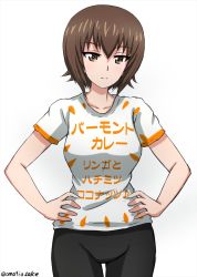 Rule 34 | 1girl, bike shorts, black shorts, brown eyes, brown hair, carrot print, casual, closed mouth, clothes writing, commentary, cowboy shot, food print, frown, girls und panzer, groin, hands on own hips, highres, looking at viewer, nishizumi maho, omachi (slabco), one-hour drawing challenge, print shirt, shirt, short hair, short sleeves, shorts, simple background, solo, standing, t-shirt, translated, twitter username, white background, white shirt