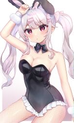 Rule 34 | 1girl, animal ears, arm up, bad id, bad pixiv id, bare shoulders, black bow, black bowtie, black leotard, bow, bowtie, breasts, cleavage, closed mouth, commentary, fishnet pantyhose, fishnets, frilled leotard, frills, gradient background, grey background, grey hair, hair between eyes, hair ornament, hairclip, highres, leotard, long hair, looking at viewer, medium breasts, minami saki, original, pantyhose, playboy bunny, rabbit ears, rabbit hair ornament, red eyes, solo, symbol-only commentary, twintails, very long hair, white background