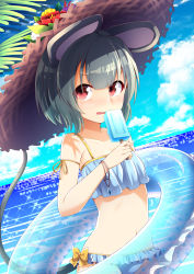 Rule 34 | 1girl, absurdres, animal ears, bikini, blue bikini, blue sky, blush, cloud, cloudy sky, collarbone, cowboy shot, day, flower, food, frilled bikini, frills, grey hair, hat, highres, innertube, looking at viewer, mouse ears, mouse tail, navel, nazrin, nogisaka kushio, nose blush, outdoors, palm tree, popsicle, red eyes, short hair, sky, solo, standing, summer, sun hat, swim ring, swimsuit, tail, touhou, tree