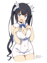 Rule 34 | 1girl, :d, black hair, blue eyes, blue ribbon, breasts, cleavage cutout, clothing cutout, commentary request, dress, dungeon ni deai wo motomeru no wa machigatteiru darou ka, hestia (danmachi), highres, large breasts, long hair, open mouth, pilolimaru, rei no himo, ribbon, signature, simple background, smile, solo, teeth, twintails, upper teeth only, white background, white dress