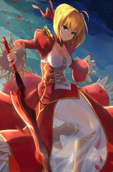 Rule 34 | 1girl, ahoge, armored boots, blonde hair, boots, braid, braided bun, breasts, cleavage, corset, fate/extra, fate (series), hair bun, hair ribbon, highres, holding, holding sword, holding weapon, knee boots, kou v05first, long sleeves, looking at viewer, medium breasts, nero claudius (fate), nero claudius (fate) (all), nero claudius (fate/extra), red ribbon, ribbon, see-through, short hair, shrug (clothing), smile, solo, sword, weapon, yellow eyes